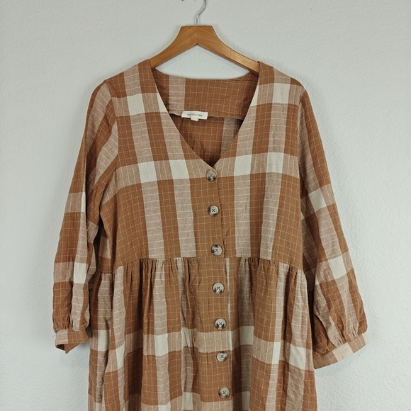 Grade & Gather Nwot Plaid Button Up 3/4 Sleeves Vneck Cotton Knee Length Dress M - Picture 4 of 14